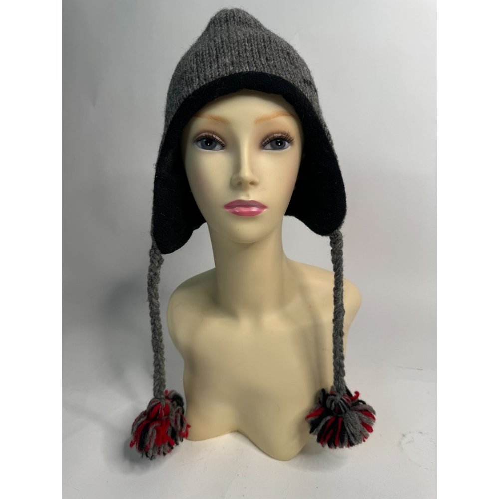 Nirvanna Designs Pom Pom Heathered Hand Made Nepal Hat OS Grey Knit Wool
